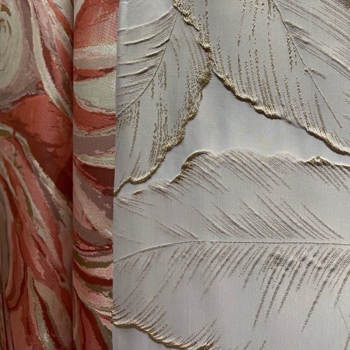 波纹粉色轻奢奶茶色欧式提花金丝叶子浮雕立体窗帘靠包布桌旗面料