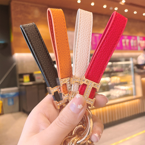 时尚H镶钻皮绳挂件男女情侣汽车钥匙链多功能防丢钥匙扣礼品配饰