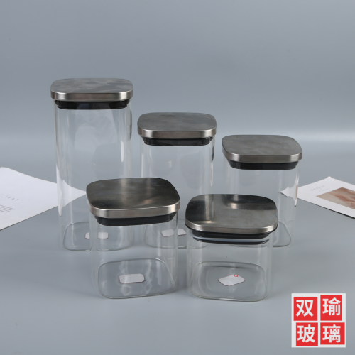 factory direct sales square stainless steel cover tea pot kitchen cereals food storage jar glass sealed can