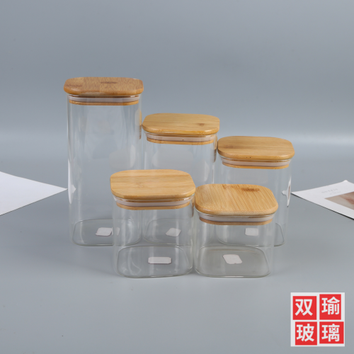 simple square wooden lid storage jar transparent grains tea jar candy food kitchen seasoning storage sealed jar