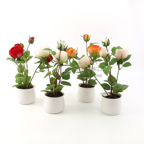 新款多头玫瑰花小盆景仿真花盆景厂家室内装饰品小摆件跨境批发