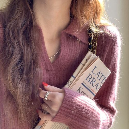 日系复古领针织衫女春秋设计感小众软糯打底毛衣内搭翻领上衣