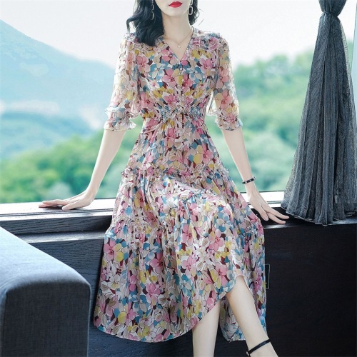 High-End Women‘s Clothing 100% Mulberry Silk Floral Dress High Waist Silk Dress Summer Dress Fairy Dress 46507