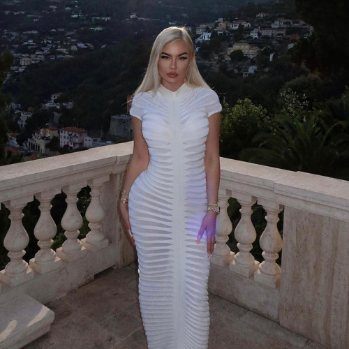 european and american style 2023 autumn foreign trade women‘s clothing new sexy short-sleeved knitted high collar high waist slim-fit long dress