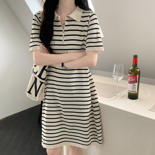 2023 dress summer women‘s french style popular this year  collar loose striped all-matching knitted short skirt fashion