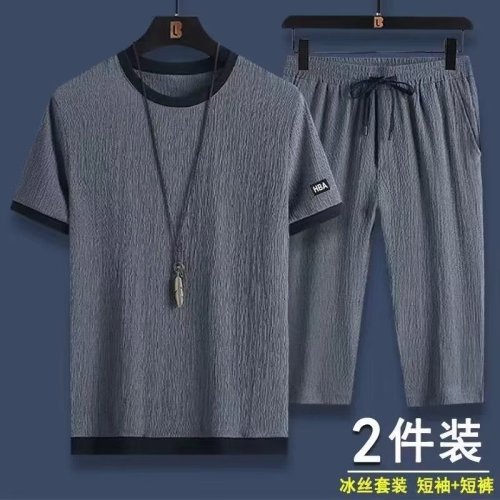 summer new ice silk cotton linen casual sports suit men‘s breathable short-sleeved t-shirt plus size cropped pants two-piece set