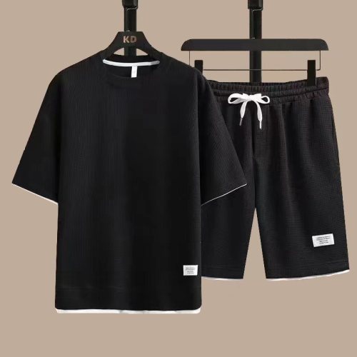 waffle short sleeve t-shirt men‘s casual sports suit wholesale summer loose false two pieces half sleeve t-shirt two-piece set