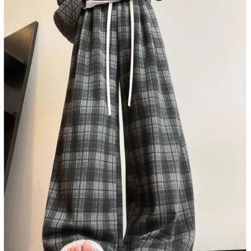 复古格子阔腿裤女冬季2025新款松紧高腰显瘦宽松休闲直筒拖地长裤