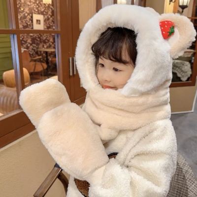Strawberry Bear Hat Scarf Integrated Women's Winter 2022 New Cute Fleece-Lined Thickened Gloves Scarf Three-Piece Set