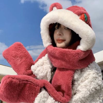 Strawberry Bear Hat Scarf Integrated Women's Winter 2023 New Cute Fleece-Lined Thickened Gloves Scarf Three-Piece Set