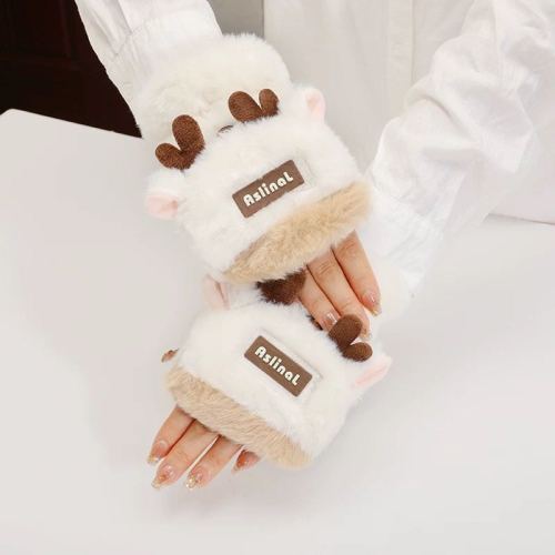 手套女士冬季可爱保暖防寒韩版半指翻盖加厚加绒毛绒防冷防冻手套