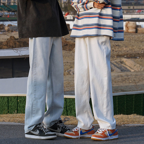春秋浅色牛仔裤男秋冬高街潮牌复古直筒裤子阔腿宽松拖地长裤