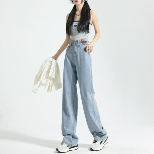 宽松直筒牛仔裤女显瘦双扣高腰春秋新款减龄休闲学生阔腿拖地裤潮