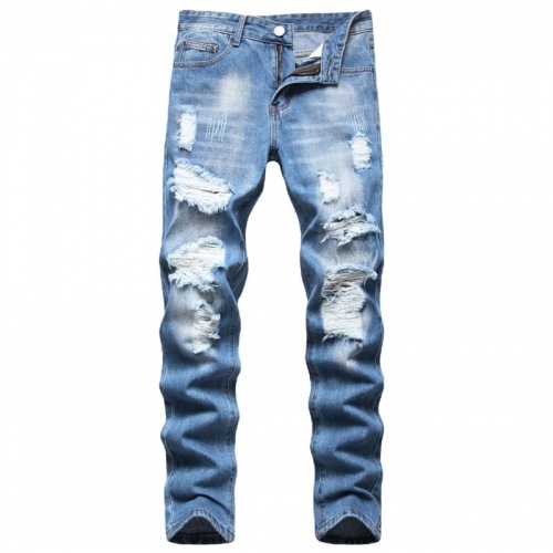 欧美外贸男士牛仔裤修身直筒破洞水洗大码速卖通亚马逊牛仔长裤