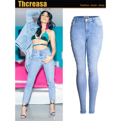 欧美女装中高腰修身小脚珍珠2色镶钉流苏牛仔裤潮流磨白毛边长裤