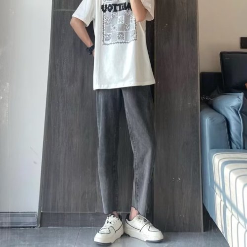 新款网红同款裤子男灰色直筒毛边牛仔裤精神小伙修身休闲九分裤子