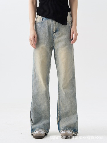 牛仔裤男秋冬新款高街vibe潮牌水洗裤脚拉链开叉直筒修身微喇裤子