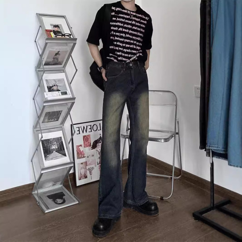 复古牛仔裤水洗微喇叭直筒宽松做旧裤子美式高街秋天休闲百搭长裤