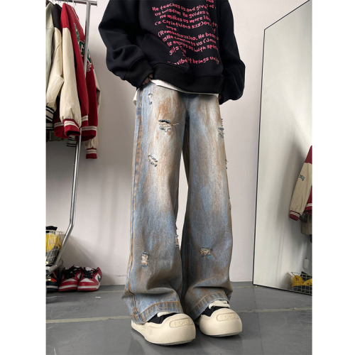 欧美高街vibe裤子美式街头水洗绣色手绘染色牛仔裤男废土风微喇裤