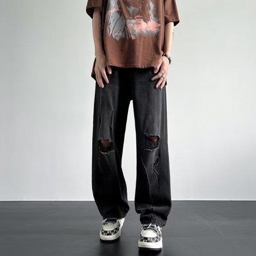 破洞牛仔裤男春秋款美式高街潮牌直筒阔腿裤子宽松潮流痞帅工装裤