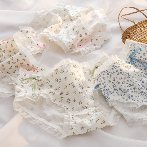 森系碎花纯棉裆内裤女双蝴蝶结可爱少女内裤中腰包臀学生三角裤