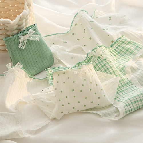 日系简约清新绿田园碎花少女内裤女士纯棉裆中腰学生三角裤