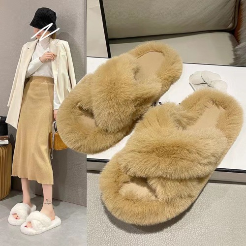 internet-famous fluffy slippers women‘s outdoor wear autumn and winter new fashion ins home non-slip all-match flat cotton slippers