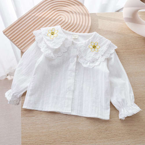 童装女童时髦打底开衫娃娃领2023春0-8岁女宝宝刺绣时尚衬衫上衣