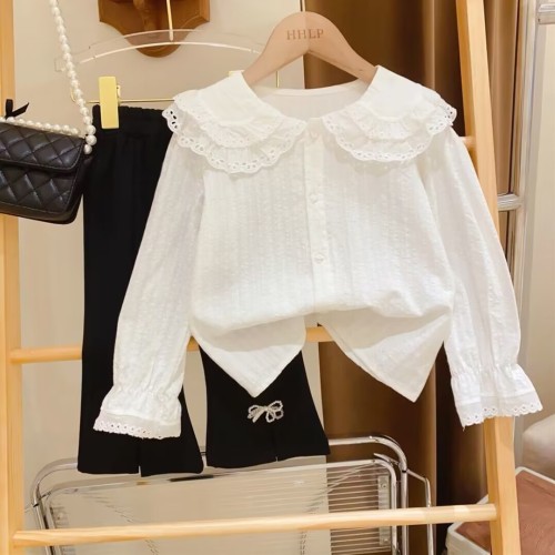 女童衬衫2023春秋薄款白色衬衣开衫女孩韩版休闲长袖洋气上衣衬衫