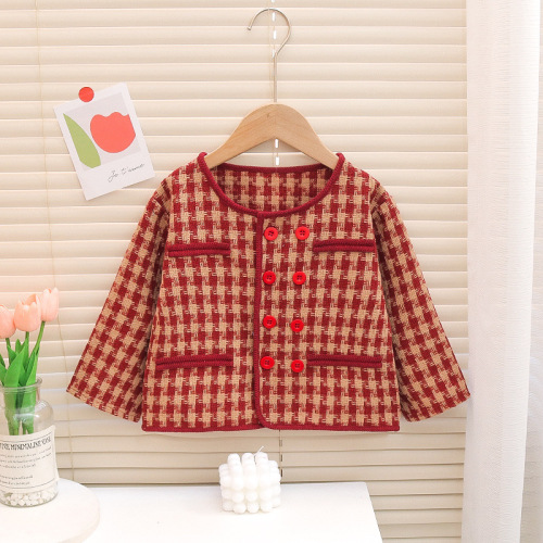 童装女小童外套2023春季女童洋气复古格子小香风外套外穿外贸批发