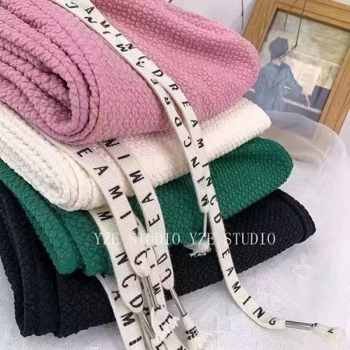 中腰纯色华夫格空气泡芙裤休闲裤女春季新款韩版宽松抽绳阔腿裤潮