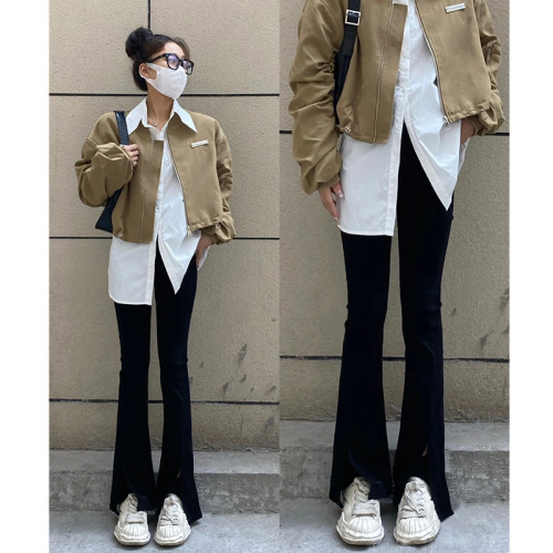 微喇叭裤女2023年春秋季新款高腰垂感修身显瘦高弹力开叉马蹄裤子