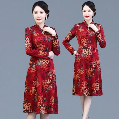 旗袍妈妈装40岁中国风复古妈妈装长袖连衣裙礼服旗袍2023新款高档