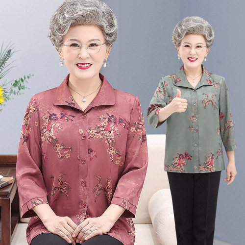 中老年人女奶奶夏装仿真丝中袖衬衫60岁70妈妈七分袖上衣太太衣服