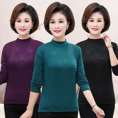 新款中老年女装长袖T恤妈妈装秋衣打底衫50-60岁奶奶半高领刺绣款