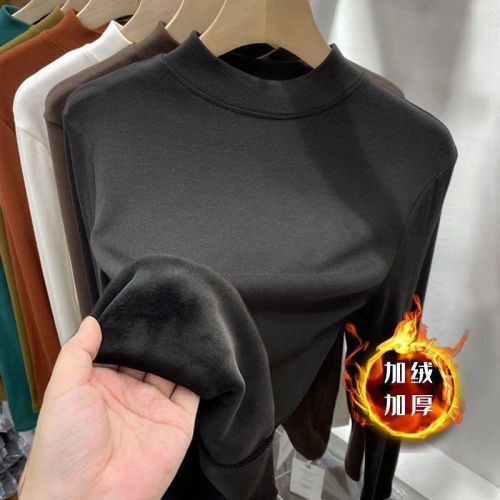 秋冬加绒加厚半高领小立领纯色打底衫外穿内搭长袖修身款中领上衣