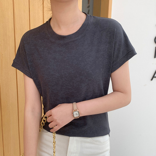 天丝圆领短袖t恤女2024春夏新款洋气蝙蝠袖宽松显瘦纯色百搭飞袖