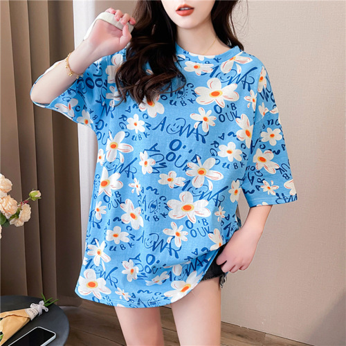 欧货大版打底衫女2024早春新款宽松百搭中长款菊花T恤短袖上衣女