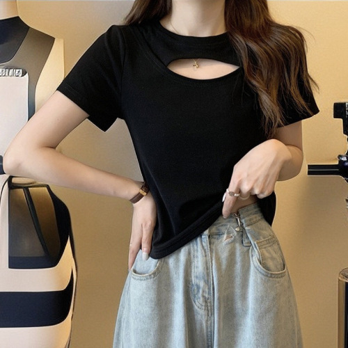 2024夏学生洋气镂空短袖T恤夏季韩版新款修身小心机显瘦糖果上衣