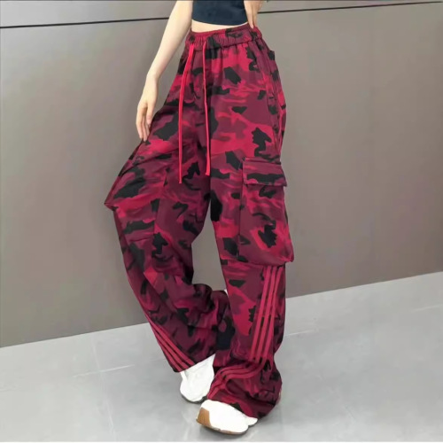 美式复古迷彩裤工装裤女秋季新款辣妹高腰休闲直筒裤拖地阔腿裤子