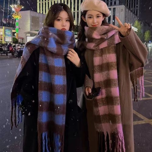 yu shuxin same style japanese style contrast color square plaid scarf female autumn and winter warm all-matching student scarf fashionable long