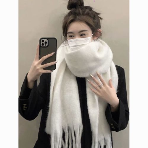 pure color thickened large scarf women‘s 2024 autumn and winter new korean style winter student all-match shawl scarf creamy-white