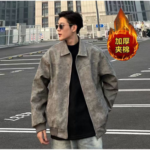american retro pu leather coat men‘s high street loose  collar jacket trendy brand spring and autumn high-grade casual jacket