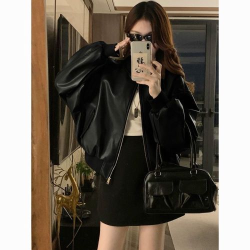 black retro profile leather coat leather jacket for women spring new sweet cool style motorcycle clothing baseball top trendy