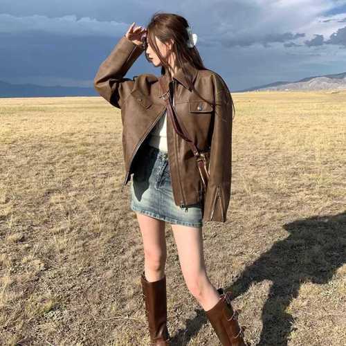 brown leather coat women‘s 2024 spring and autumn new maillard american retro pu leather small motorcycle clothing jacket