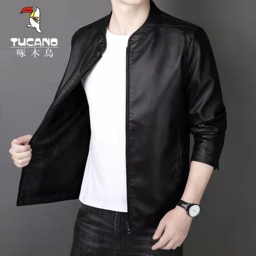 woodpecker men leather coat autumn and winter new trendy all-match casual stand collar plus size fleece-lined leather jacket men