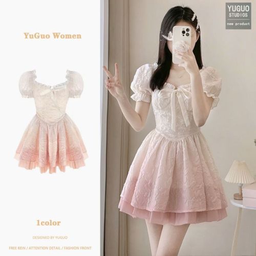 sweet gradient pink princess tulle tutu dress summer french style small waist slimming pure desire super fairy women‘s skirt