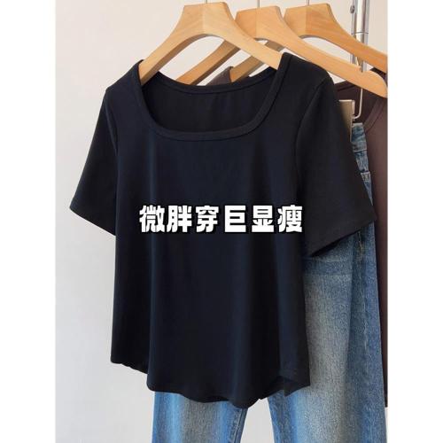women‘s cotton summer plus size women‘s clothes plump girls shoulder short-sleeved t-shirt slim fit slimming belly-covering korean style square collar top