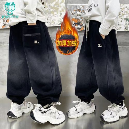 ppn autumn and winter new winter fleece-lined olympic fleece western style all-matching boys medium and big children gradient z alphabet plus velvet fleece-lined sweatpants