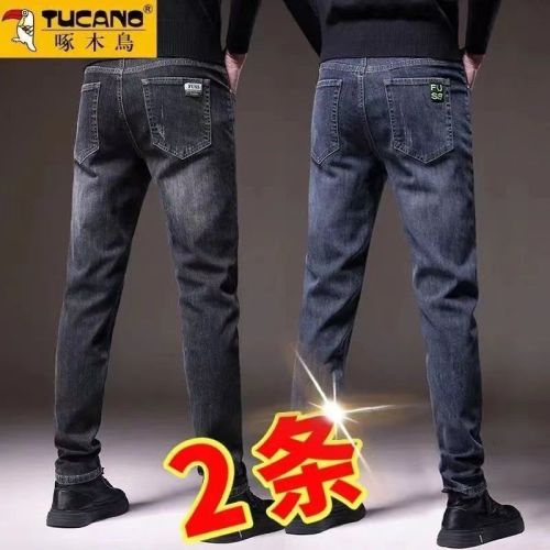 woodpecker men‘s clothing genuine goods winter new jeans men‘s straight slim-fit stretch trousers upscale retro men‘s pants